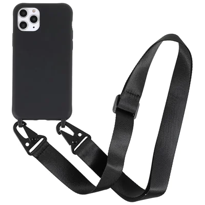 For iPhone 11 Pro Max 6.5 inch Soft TPU Matte Finish Anti-Fingerprints Minimalist Phone Case Cover with Shoulder Strap - Black