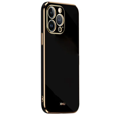 XINLI for iPhone 13 Pro 6.1 inch Anti-scratch Drop-proof Precise Cutout Case Electroplating Golden Edge Soft TPU Shell - Black