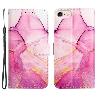 YB Pattern Printing Series-5 für iPhone SE (2022) / SE (2020) / 8/7 4,7 Zoll Marmor-Muster-Brieftasche Schutzhülle PU-Leder Standfunktion Schutzhülle mit Riemen - Pink Lila Gold LS001