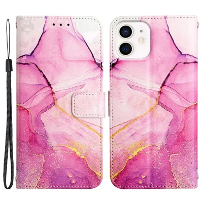 YB Pattern Printing Leather Series-5 für iPhone 12 6.1 Zoll/12 Pro 6.1 Zoll Marmor Muster Stoßfester PU-Leder Wallet Stand Case - Pink Lila Gold LS001
