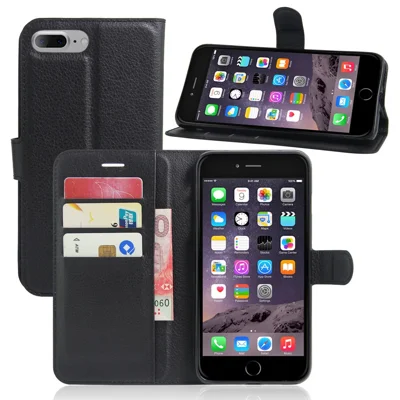 Pour iPhone 8 Plus / 7 Plus 5,5 pouces Litchi Lychee Skin Flip Leather Stand Shell avec Folio Flip Wallet - Noir