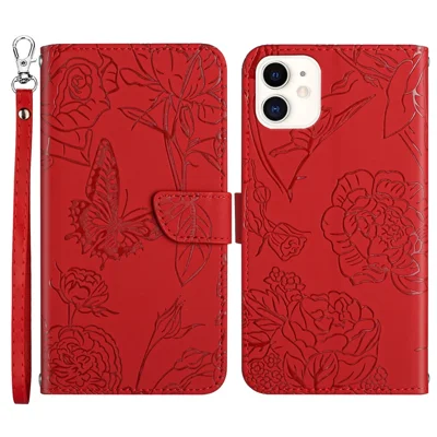 For iPhone 11 6.1 inch Butterfly Flower Imprinted Skin-touch Feeling PU Leather Wallet Stand Phone Case with Hand Strap - Red