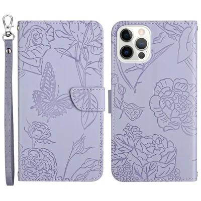 For iPhone 13 Pro Max 6.7 inch Butterflies Imprinted Shockproof Case Skin-touch PU Leather Wallet Stand Phone Protector Anti-drop Folio Flip Cover with Strap - Purple