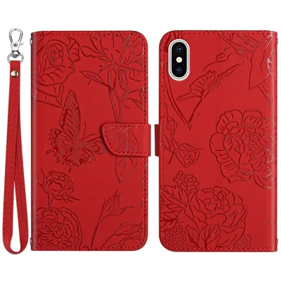 Für Das Iphone XS Max 6,5 Zoll PU Leder Hülle Klappständer Haut-touch-schmetterlingsblumenmuster Geprägtes Flip Wallet Telefonabdeckung Mit Handgelenkriemen - Rot