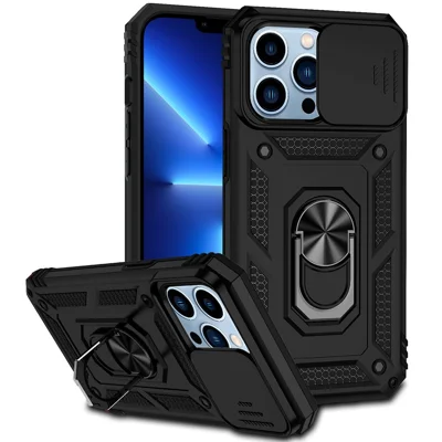 For iPhone 13 Pro 6.1 inch Slide Camera Protection Cover Lightweight Phone Case Ring Kickstand Hybrid PC + TPU Phone Shell - Black