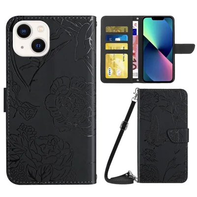 For iPhone 13 6.1 inch Skin-soft Touch PU Leather Folio Wallet Case Imprinted Butterfly Flower Pattern Stand Magnetic Protect Flip Cove with Shoulder Strap - Black