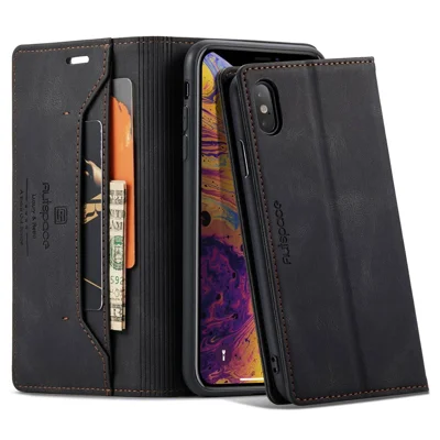 AUTSPACE A01 Series for iPhone X/XS PU Leather Case RFID Blocking Wallet Stand Flip Cover - Black