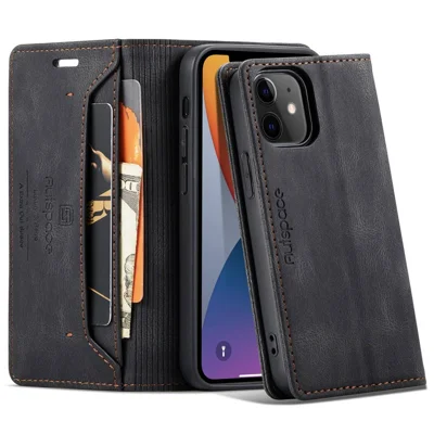 AUTSPACE A01 Series for iPhone 12/12 Pro 6.1 inch PU Leather Case RFID Blocking Wallet Flip Stand Cover - Black