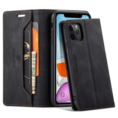 AUTSPACE A01 Series for iPhone 11 Pro 5.8 inch PU Leather Case RFID Blocking Wallet Stand Flip Cover - Black