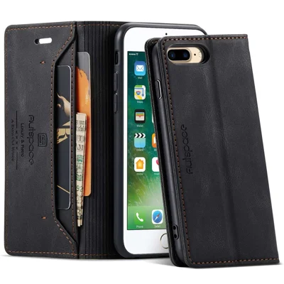 AUTSPACE A01 Serie til iPhone 6 Plus/7 Plus/8 Plus 5,5 tommer PU Læderetui med RFID-blokeringsfunktion, Wallet Flip Ståetui - Sort