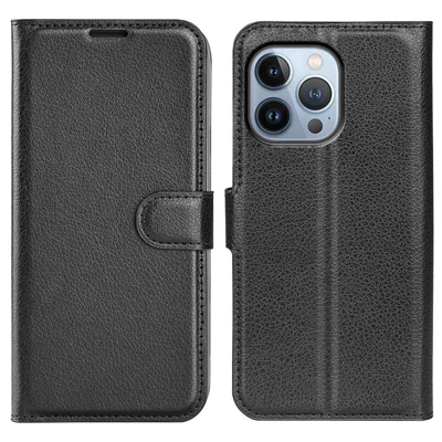 För iPhone 14 Pro Max 6,7 tum Skinnsskåp med Litchi-Struktur PU-Skinn Helskals Skydd Ställbar Magnetisk Vikbar Plånboksfodral - Svart