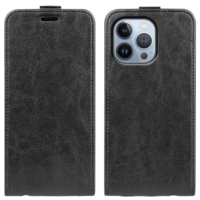 For iPhone 14 Pro Max 6.7 inch Vertical Flip Case Crazy Horse Texture PU Leather Magnetic Clasp Phone Cover with Card Holder - Black
