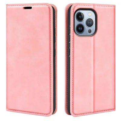 For iPhone 14 Pro Max 6.7 inch Soft Skin Feeling Leather Folio Book Flip Cover Horizontal Viewing Stand Magnetic Absorption Phone Case - Pink
