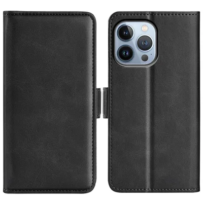 Für iPhone 14 Pro 6,1 Zoll Magnetverschluss Strukturierter Lederhülle Ständer Stoßfeste Brieftasche-Stil Handyhülle - Schwarz