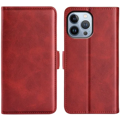 Für IPhone 14 Pro 6.1 Zoll Magnetverschluss Strukturierter Leder -Hülle Ständer Schocksicherer Brieftaschenstil Handy Shell - Rot