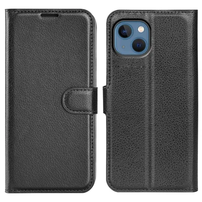 Per iPhone 14 6.1 pollici Custodia portafoglio in pelle PU con texture a granello - Nero