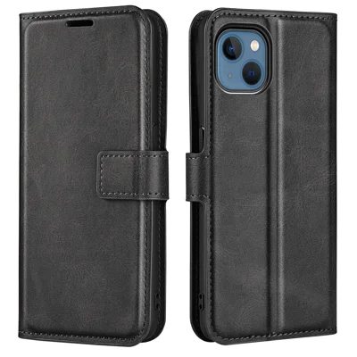 For iPhone 14 Plus 6.7 inch Textured PU Leather Side Magnetic Closure Phone Case Wallet Stand Shell - Black