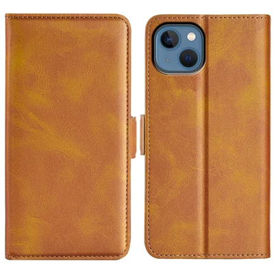 Voor iPhone 14 Plus 6,7 inch Dubbele Magnetische Sluiting Gestreeerde Leren Hoes met Standaard Portemonnee Stootvaste Telefoonhoes - Geel