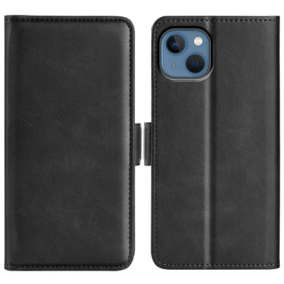 For iPhone 14 Plus 6.7 inch Double Magnetic Clasp Textured Leather Case Stand Wallet Drop-proof Phone Cover - Black