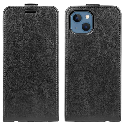 Voor iPhone 14 Plus 6,7 inch Stootvaste Verticale Fliphoes Crazy Horse Structuur PU Leer Magnetische Sluiting Telefoonhoes met Kaarthouder - Zwart