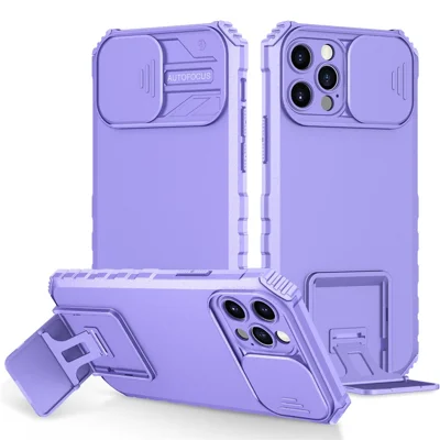 Adjustable Vertical Kickstand Phone Case for iPhone 12 Pro 6.1 Inch, TPU + PC Camera Slide Cover Protective Shell - Purple