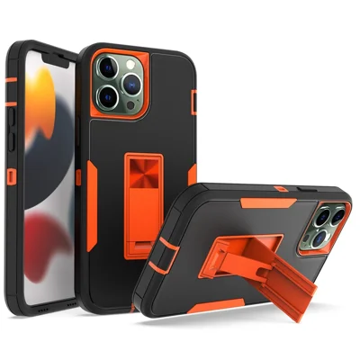 For iPhone 13 Pro Max 6.7 inch Back Shell, Impact Resistant PC + TPU Hybrid Phone Cover with Integrated Kickstand Car Mount Metal Sheet Case - Black/Orange