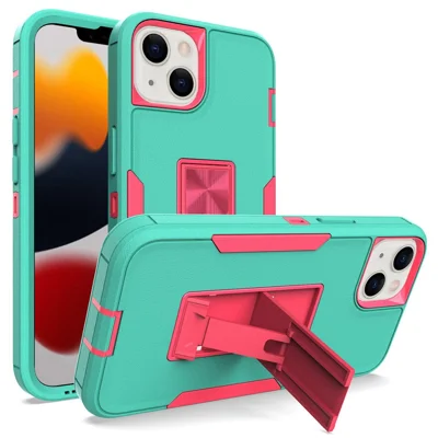 For iPhone 13 6.1 inch Back Shell, PC + TPU Hybrid Phone Cover with Integrated Kickstand Car Mount Metal Sheet Case - Teal/Rose