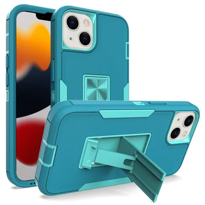 For iPhone 13 6.1 inch Back Shell, PC + TPU Hybrid Phone Cover with Integrated Kickstand Car Mount Metal Sheet Case - Lake Blue/Turquoise
