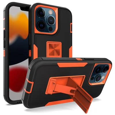 For iPhone 13 Pro 6.1 inch Shockproof PC + TPU Hybrid Phone Cover with Integrated Kickstand Car Mount Metal Sheet Case - Black/Orange
