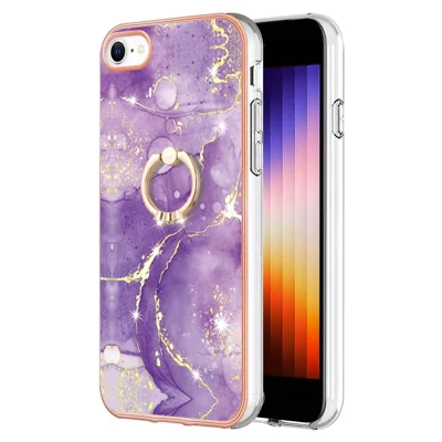 For iPhone 7 / 8 / SE (2020) / SE (2022) Case with Ring Kickstand Marble Pattern Electroplating TPU Back Cover - Purple 002