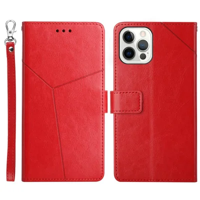 For iPhone 14 Pro Max 6.7 inch Cell Phone Cover Fully Wrapped PU Leather Y-Shaped Lines Imprinting Wallet Stand Phone Case - Red