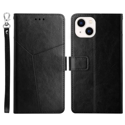 For iPhone 14 6.1 inch Full Coverage Cell Phone Cover PU Leather Y-Shaped Lines Imprinting Wallet Stand Phone Case - Black