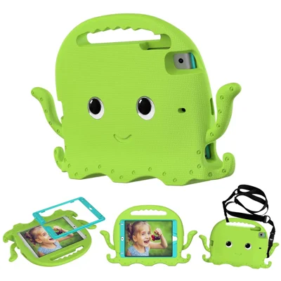 For iPad Mini/Mini 2/mini 3/mini 4/mini (2019) 7.9 inch EVA Tablet Case Cute Cartoon Octopus Protective Cover Pen Slot Design Anti-drop Case with Handle and Shoulder Strap - Green