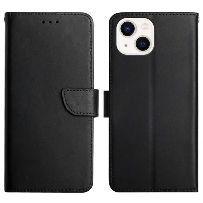 For iPhone 14 Plus 6.7 inch Wallet Stand Nappa Texture Genuine Leather Cover All-round Protection Phone Case - Black
