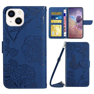 For iPhone 14 Plus 6.7 inch Imprinting Butterfly Flowers PU Leather Case with Shoulder Strap, Wallet Stand Phone Shell - Blue