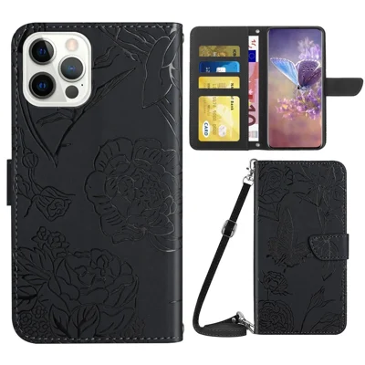 For iPhone 14 Pro Max 6.7 inch Imprinting Butterfly Flowers PU Leather Wallet Stand Phone Case Magnetic Closure Cover with Shoulder Strap - Black