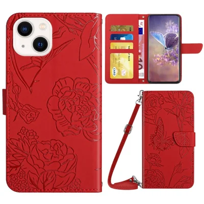 Imprinting Butterfly Flowers Case for iPhone 14 6.1 inch, Adjustable Stand PU Leather Wallet Phone Shell with Shoulder Strap - Red