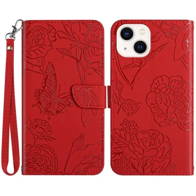 Imprinting Butterfly Flowers Phone Cover for iPhone 14 Plus 6.7 inch, PU Leather Stand Wallet Protective Case with Handy Strap - Red