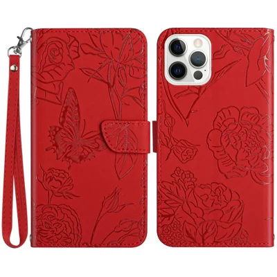 Schmetterlingsblumen Eingeprägter Lederhülle Für Iphone 14 Pro Max 6,7 Zoll, Ständer Brieftasche Anti-drogenschutz-telefonabdeckung Mit Handlichem Riemen - Rot