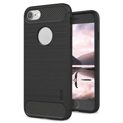 MOFI For iPhone SE (2022)/(2020)/7 4.7 inch/8 4.7 inch Carbon Fiber Brushed Surface Phone Case Anti-scratch Soft TPU Cover - Black