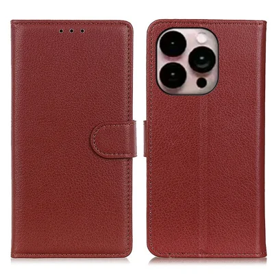 For iPhone 14 Pro Max 6.7 inch Litchi Texture Anti-fall Protection PU Leather Cover Stand Magnetic Wallet Cell Phone Case - Brown