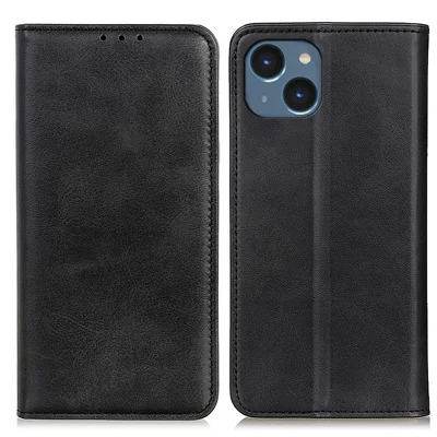 For iPhone 14 6.1 inch Split Leather+TPU Case Wallet Function Stand Strong Magnetic Suction Full Protection Cover - Black
