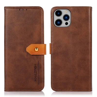 KHAZNEH for iPhone 14 Plus 6.7 inch Phone Protector Foldable Stand Shell Dual Color Leather Flip Wallet Phone Case with Buckle - Brown