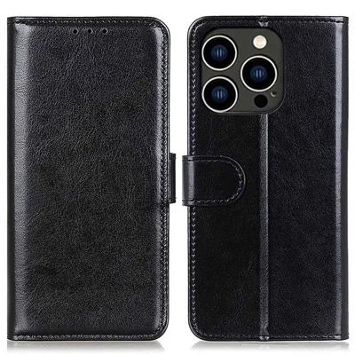 For iPhone 14 Pro 6.1 inch Crazy Horse Texture Phone Case Shockproof Stand Cover with Card Slots PU Leather Wallet Magnetic Protective Shell - Black