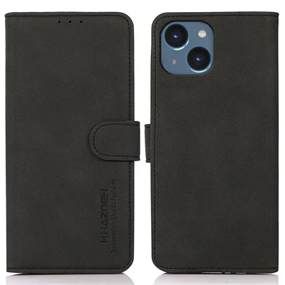 KHAZNEH For iPhone 14 6.1 inch Anti-drop Phone Cover Flip Stand Phone Wallet Case Textured PU Leather Magnetic Clasp Protective Cover Card Holder - Black