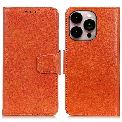 For iPhone 14 Pro Max 6.7 inch Protective Phone Cover with Card Slots Split Leather Nappa Texture Case Magnetic Closure Stand Wallet Phone Shell - Orange