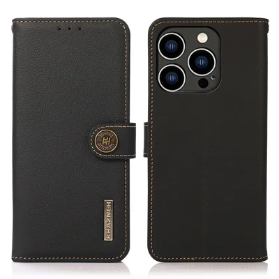 KHAZNEH For iPhone 14 Pro 6.1 inch Genuine Leather RFID Blocking Flip Magnetic Wallet Case Stand Shockproof Flip Folio Book Phone Cover - Black