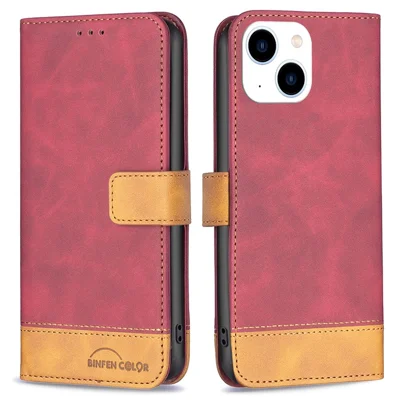 BINFEN COLOR für iPhone 14 Hülle Farbige Zusammenstellung Hautberührung Leder Handyhülle mit Geldbörse Ständer - Rot