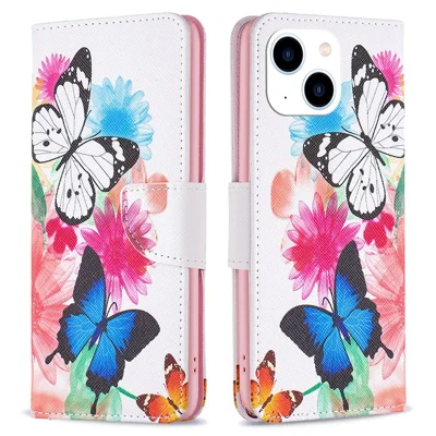 Custodia per iPhone 14 con Stampa di Motivo in PU Pelle Portafoglio con Supporto - Due Farfalle