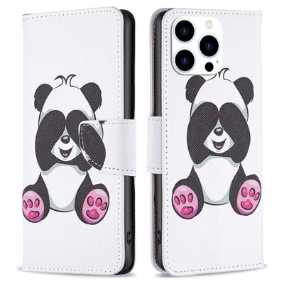 Capa em Couro para iPhone 14 Pro com Impressão de Padrão, Capa com Suporte e Carteira, Tipo Flip - Panda